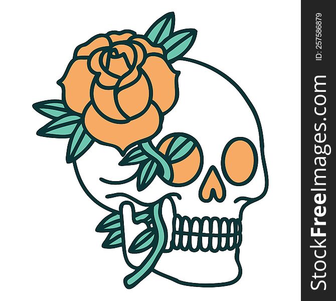 iconic tattoo style image of a skull and rose. iconic tattoo style image of a skull and rose