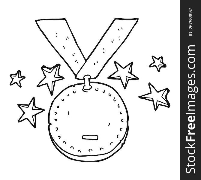 freehand drawn black and white cartoon sports medal