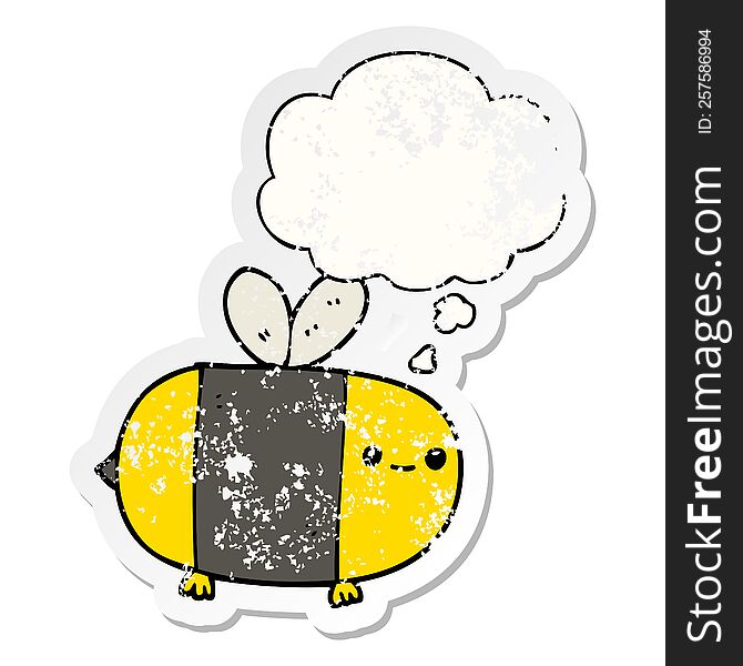 cute cartoon bee with thought bubble as a distressed worn sticker