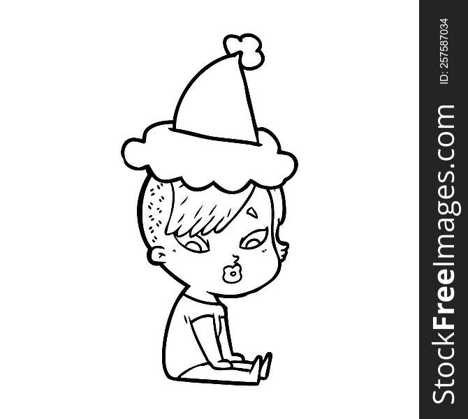 hand drawn line drawing of a surprised girl wearing santa hat