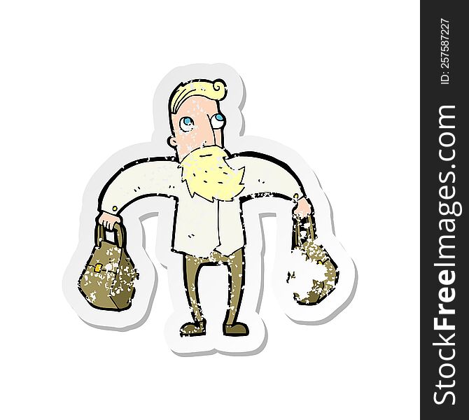 retro distressed sticker of a cartoon hipster man carrying bags