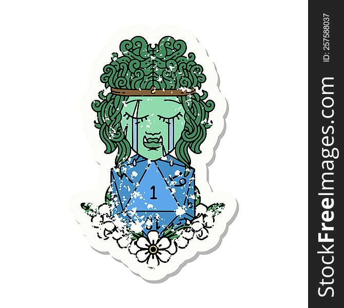 grunge sticker of a sad orc barbarian character face with natural one d20 roll. grunge sticker of a sad orc barbarian character face with natural one d20 roll