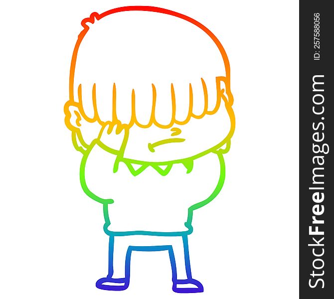 rainbow gradient line drawing of a cartoon boy with untidy hair