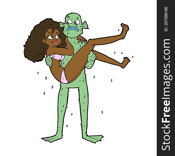 cartoon swamp monster carrying woman in bikini