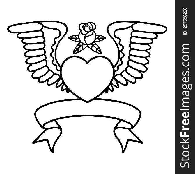 traditional black linework tattoo with banner of a heart with wings