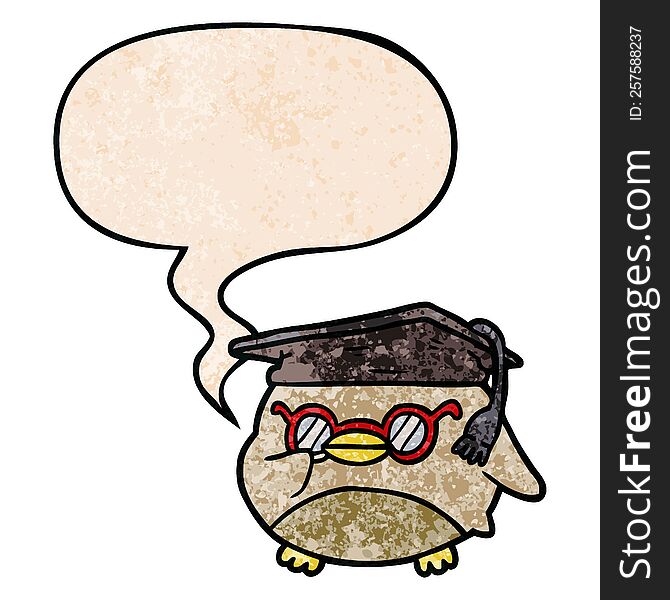 cartoon clever old owl with speech bubble in retro texture style