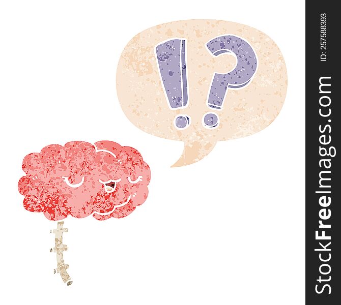 Cartoon Curious Brain And Speech Bubble In Retro Textured Style