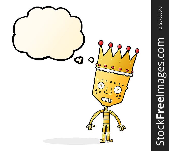 cartoon robot with crown with thought bubble
