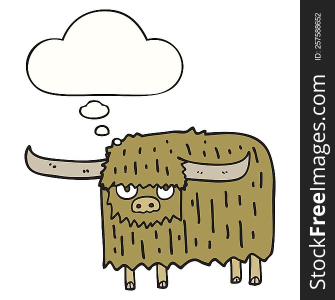 cartoon hairy cow with thought bubble. cartoon hairy cow with thought bubble