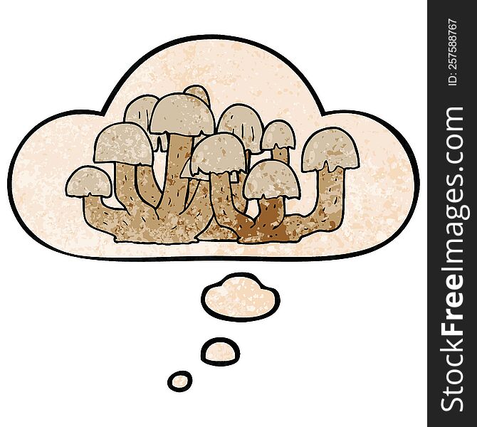 cartoon mushroom with thought bubble in grunge texture style. cartoon mushroom with thought bubble in grunge texture style