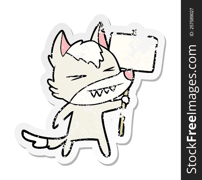 distressed sticker of a angry wolf cartoon with placard