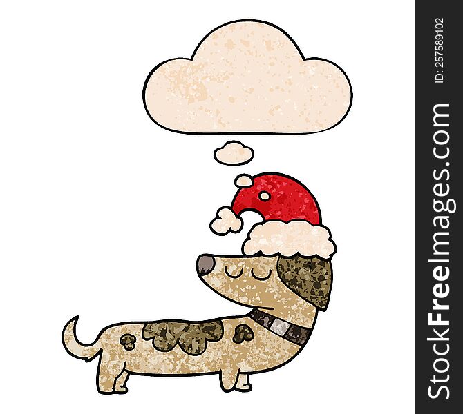 Cartoon Dog Wearing Christmas Hat And Thought Bubble In Grunge Texture Pattern Style