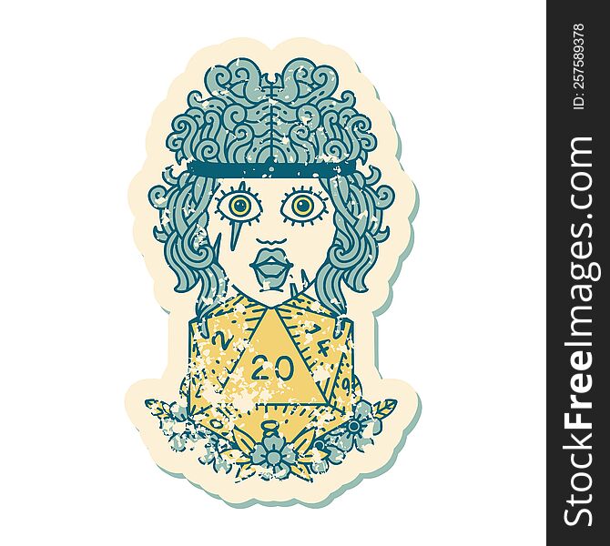 grunge sticker of a human barbarian with natural twenty dice roll. grunge sticker of a human barbarian with natural twenty dice roll