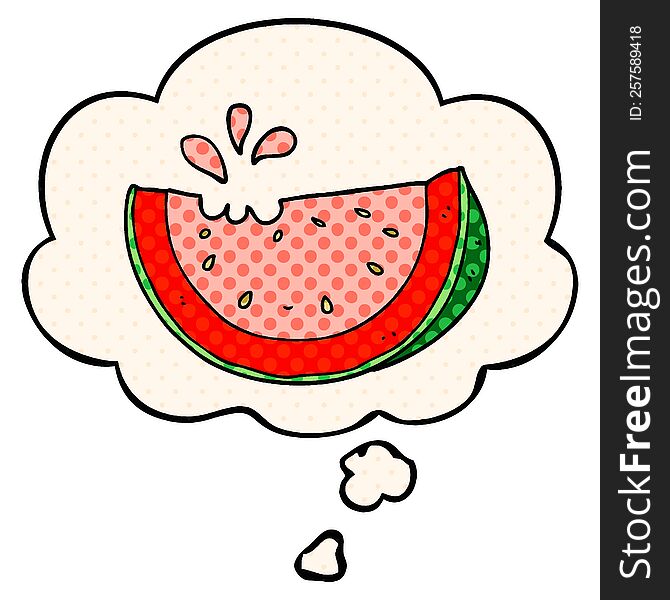cartoon watermelon with thought bubble in comic book style