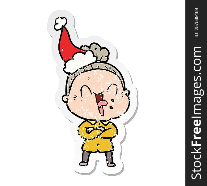 Distressed Sticker Cartoon Of A Happy Old Woman Wearing Santa Hat