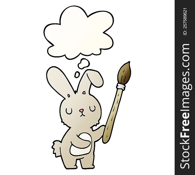cartoon rabbit with paint brush with thought bubble in smooth gradient style