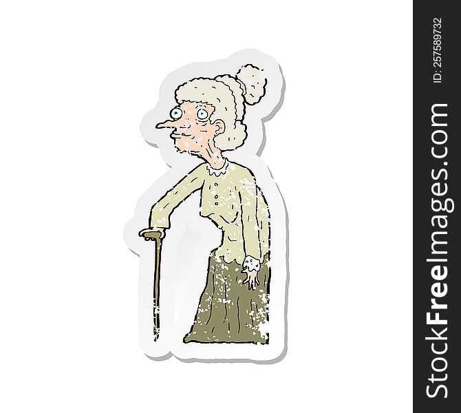 Retro Distressed Sticker Of A Cartoon Old Woman