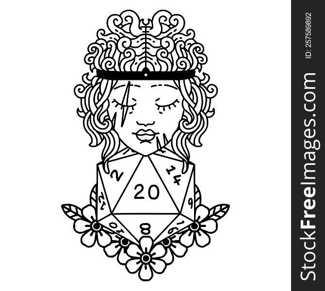 Black and White Tattoo linework Style human barbarian with natural twenty dice roll. Black and White Tattoo linework Style human barbarian with natural twenty dice roll