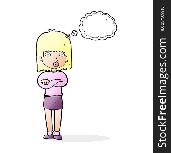 cartoon impatient woman with thought bubble