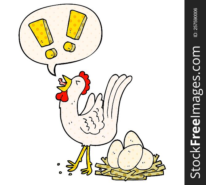 cartoon chicken laying egg with speech bubble in comic book style