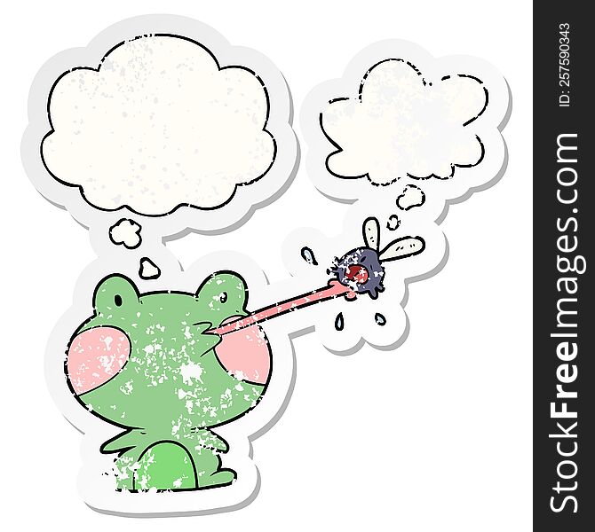 Cartoon Frog Catching Fly And Thought Bubble As A Distressed Worn Sticker