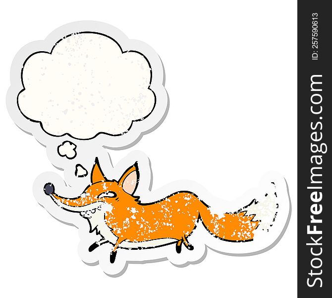 cartoon sly fox with thought bubble as a distressed worn sticker