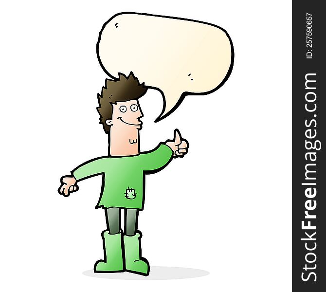 cartoon positive thinking man in rags with speech bubble