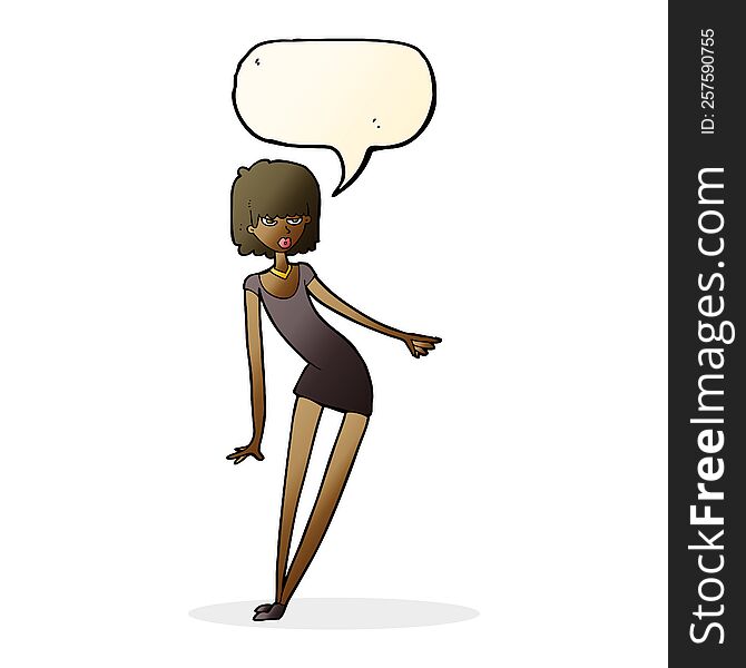 Cartoon Woman In Dress Leaning With Speech Bubble