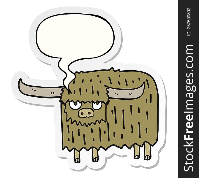 cartoon hairy cow with speech bubble sticker. cartoon hairy cow with speech bubble sticker