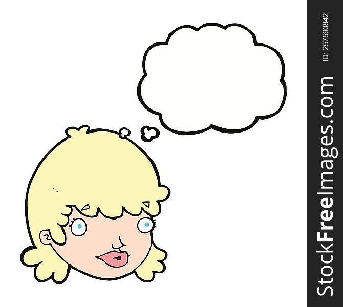 cartoon female face with surprised expression with thought bubble