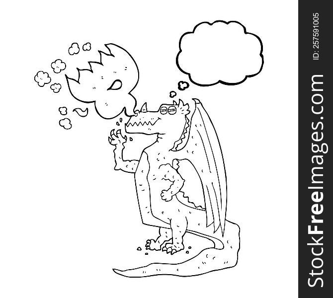 freehand drawn thought bubble cartoon happy dragon breathing fire