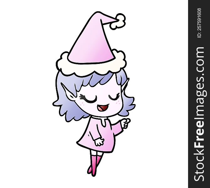 happy hand drawn gradient cartoon of a elf girl pointing wearing santa hat. happy hand drawn gradient cartoon of a elf girl pointing wearing santa hat