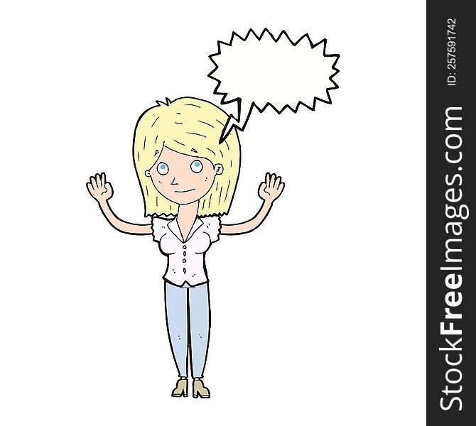 Cartoon Woman Holding Up Hands With Speech Bubble