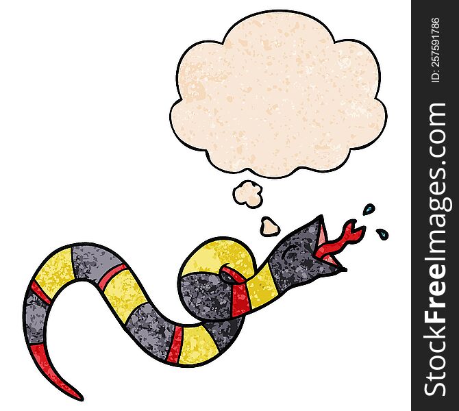 Cartoon Hissing Snake And Thought Bubble In Grunge Texture Pattern Style