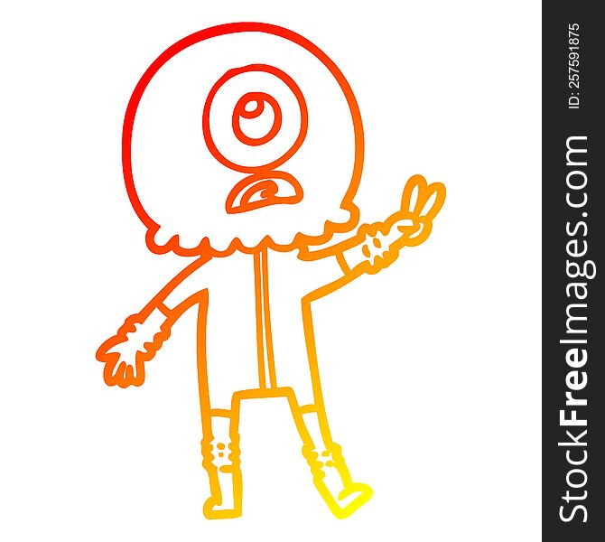 Warm Gradient Line Drawing Cartoon Cyclops Alien Spaceman Giving Peace Sign