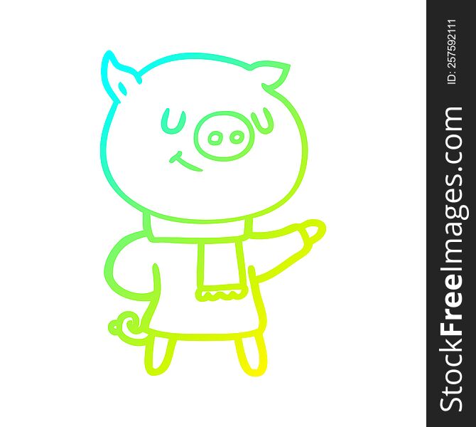 cold gradient line drawing of a happy cartoon pig