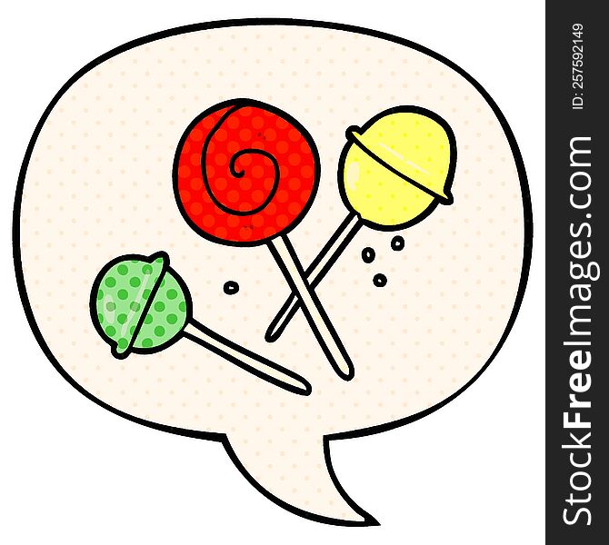 cartoon traditional lollipop with speech bubble in comic book style