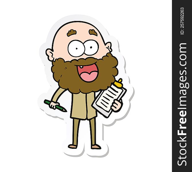 sticker of a cartoon crazy happy man with beard and clip board for notes