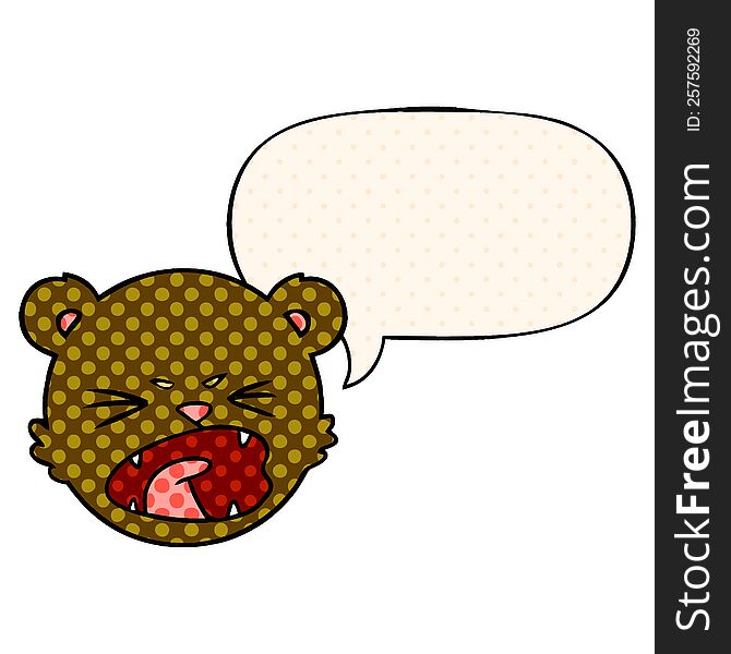 cute cartoon teddy bear face with speech bubble in comic book style