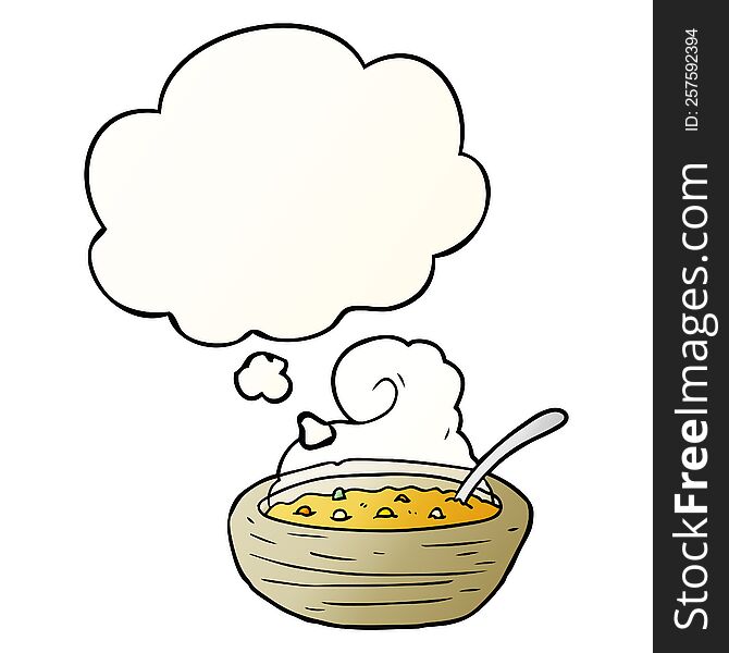 cartoon bowl of hot soup with thought bubble in smooth gradient style