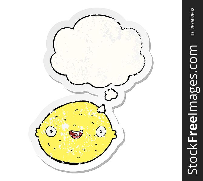 cartoon lemon with thought bubble as a distressed worn sticker