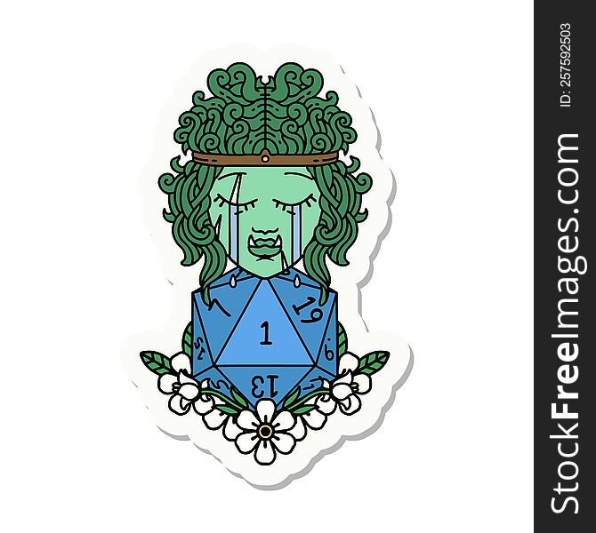 sticker of a sad orc barbarian character face with natural one d20 roll. sticker of a sad orc barbarian character face with natural one d20 roll