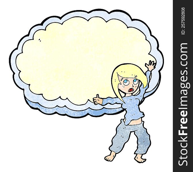 cartoon stressed woman in front of cloud with space for text. cartoon stressed woman in front of cloud with space for text