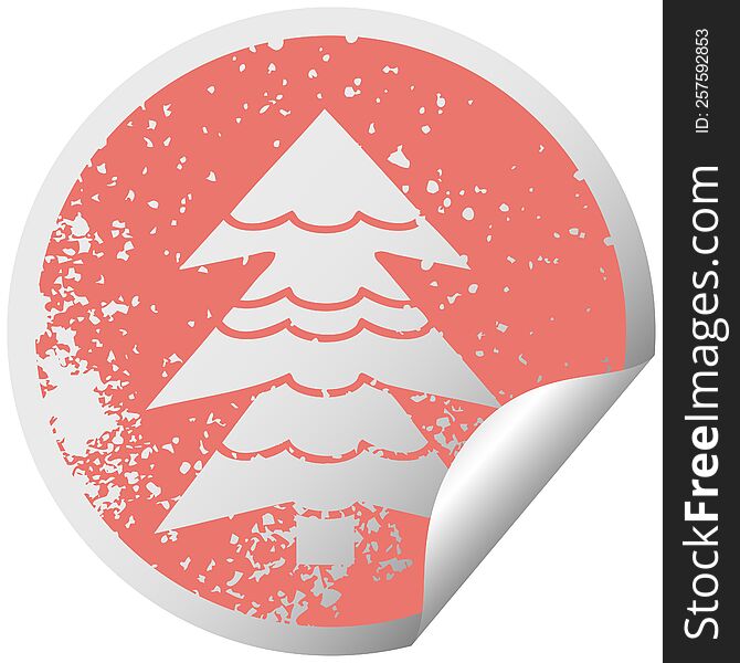 Distressed Circular Peeling Sticker Symbol Snow Covered Tree
