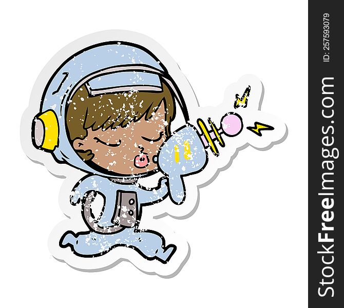 distressed sticker of a cartoon pretty astronaut girl with ray gun
