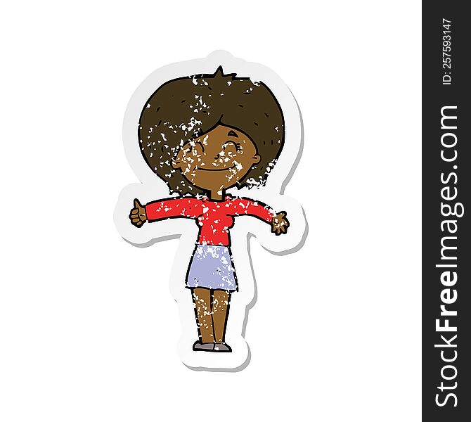 retro distressed sticker of a cartoon woman giving thumbs up sign