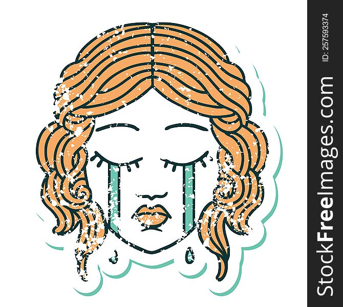 iconic distressed sticker tattoo style image of female face crying. iconic distressed sticker tattoo style image of female face crying