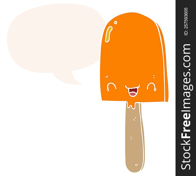 cartoon ice lolly with speech bubble in retro style