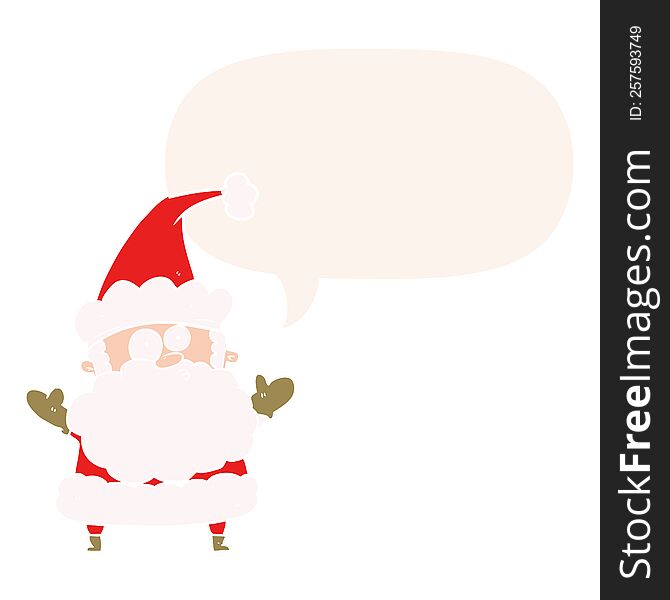 cartoon confused santa claus shurgging shoulders with speech bubble in retro style