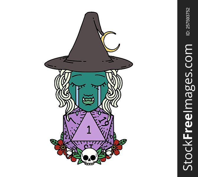Sad Half Orc Witch Character With Natural One D20 Roll Illustration